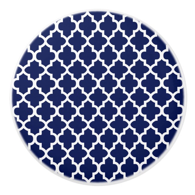 Rich Navy Blue and White Quatrefoil Ceramic Knob (Front)