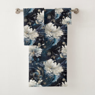 Rich Navy Blue Starlight Floral Pattern Bath Towel Set