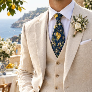 Rich Navy Mediterranean Citrus Botanical Pattern Tie