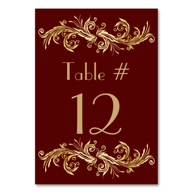 Rich Oxblood and Gold Tone Wedding Table Number (Front)