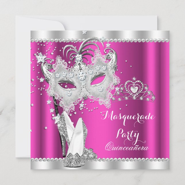 Rich Pink Masquerade Quinceanera Mask Hi Heels Invitation (Front)