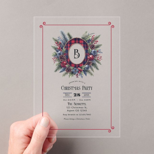 Rich Plaid Monogram Christmas Party Acrylic Invitations (Insitu (Handheld))