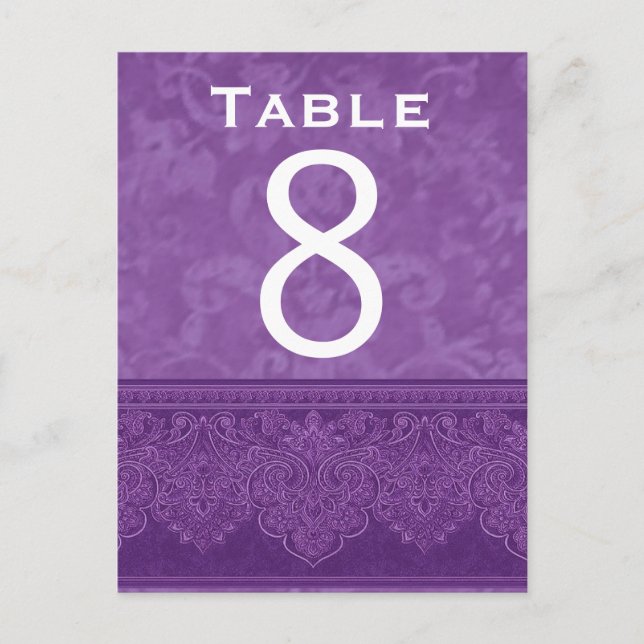 Rich Purple White Damask Wedding Table Number Card (Front)
