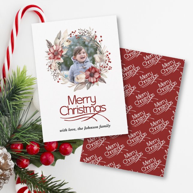 Rich red Christmas wreath berries flowers photo Holiday Card (Creator Uploaded)