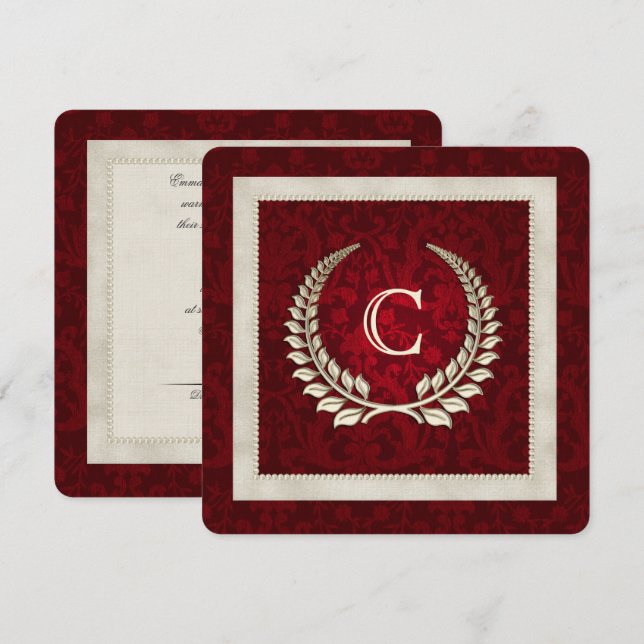 Rich Red Damask and Pearls wedding invitation (Front/Back)