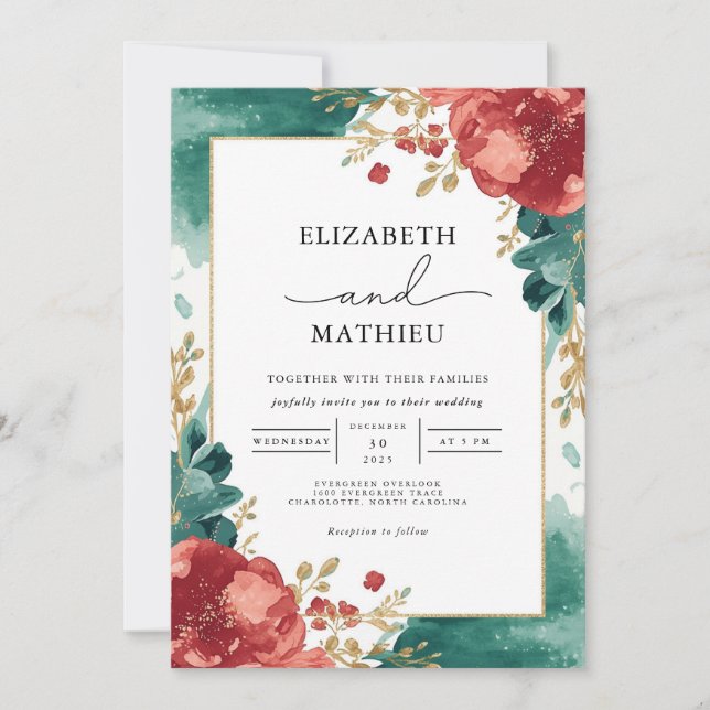 Rich Red Floral Lush Wedding Invitation (Front)