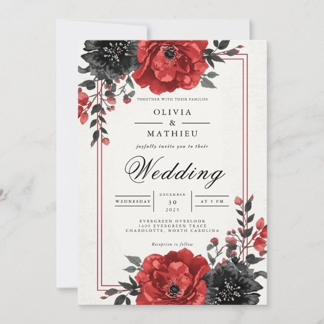 Rich Red Floral Romance Wedding Invitation (Front)