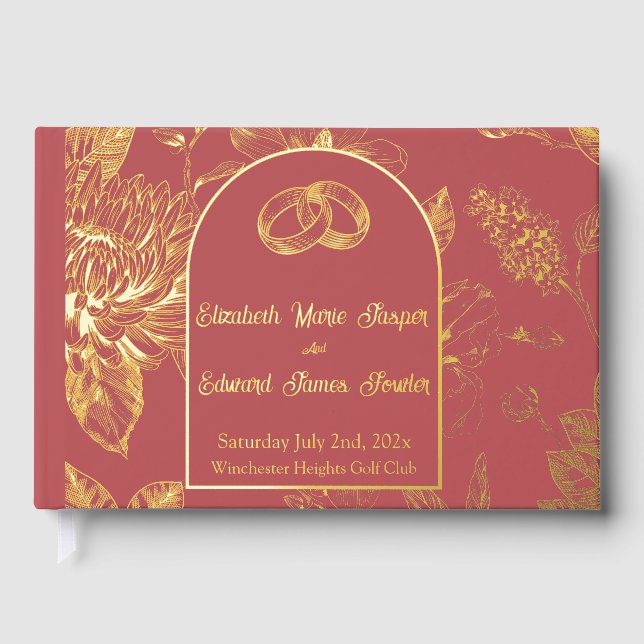 Rich Red French Floral Toile Floral  Guest Book (Front)