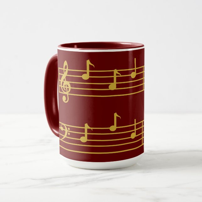 RICH RED GOLD MUSICAL DAD NOTES TREBLE BASS CLEF MUG (Front Left)