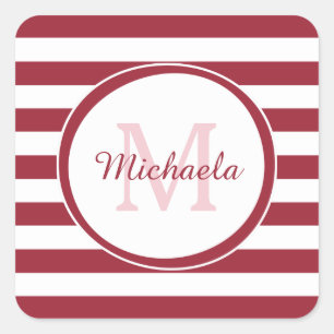 Rich Red Monogram With Contemporary Wide Stripes Square Sticker