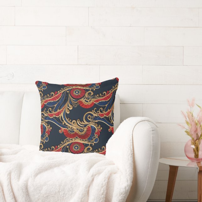 Rich Red, Navy, Gold Floral Scroll  Cushion (Couch)