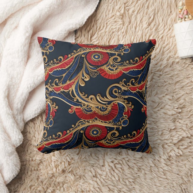 Rich Red, Navy, Gold Floral Scroll   Cushion (Blanket)
