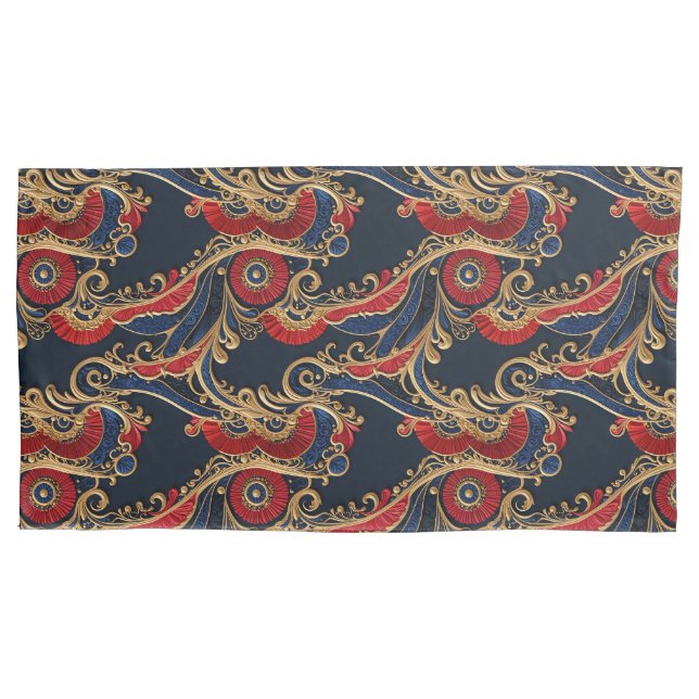 Rich Red, Navy, Gold Floral Scroll  Pillowcase (Front)