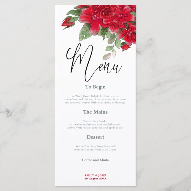 Rich Red Roses Stylish Script wedding Menu (Front)