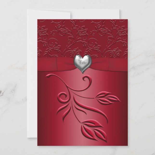 Rich Red Silver Heart Floral Wedding Invitation (Front)