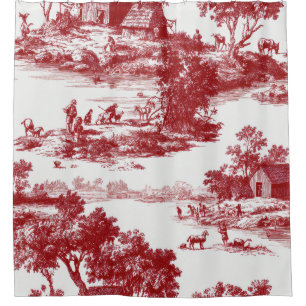 Rich Red Toile Heritage Countryside Pattern Shower Curtain
