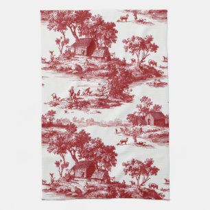 Rich Red Toile Heritage Countryside Pattern Tea Towel