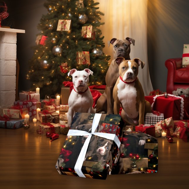 Rich Red Twinkle Lights Pitbull Christmas Pups  Wrapping Paper (Creator Uploaded)