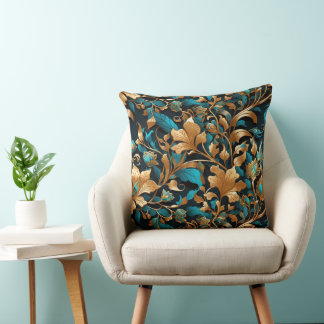 Rich, Vibrant, Gold, Turquoise, Fall Leaves Cushion