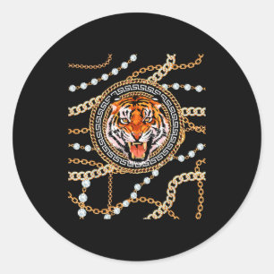 Rich Wild Tiger With Printed Gold Chains & Dia Classic Round Sticker