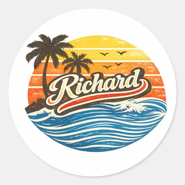 Richard Retro Sunset Name Design Classic Round Sticker (Front)