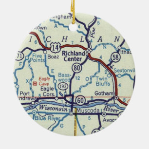 Richland Centre WI Old Map Ceramic Tree Decoration
