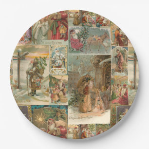 Richly-Detailed Vintage Father Christmas Collage Paper Plate