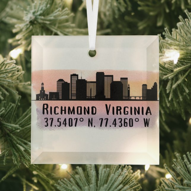 Richmond VA City Skyline Latitude and Longitude  Glass Tree Decoration (Insitu)