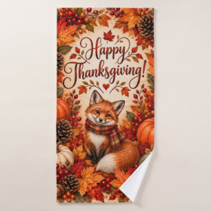 Richness of Fall Fox Thanksgiving Illustration Bath Towel