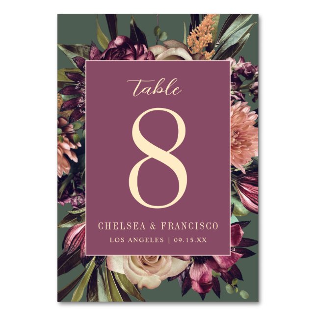 Richness of Spring Purple Green Floral Wedding Table Number (Front)