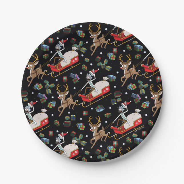 Rick and Morty | Christmas Reindeer Sleigh Pattern Paper Plate (Front)