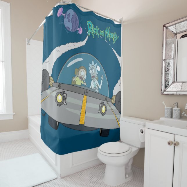 RICK AND MORTY™ | Flying Off In Space Ship Shower Curtain (In Situ)