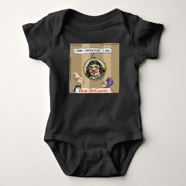 Rick London Cartoons Funny Descartes Clock Baby Bodysuit (Front)