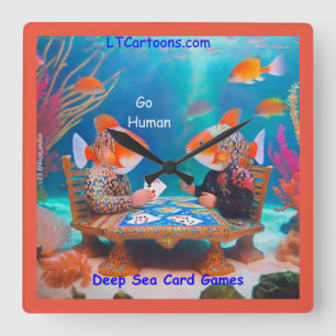Rick London Fish Playing "Go Fish" Card Game Comic Square Wall Clock