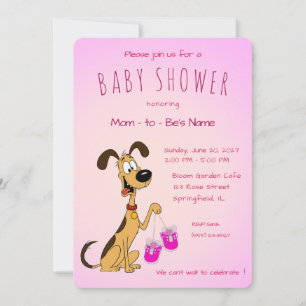 Rico the Dog holding Cute Rose Baby Shoes Invitation