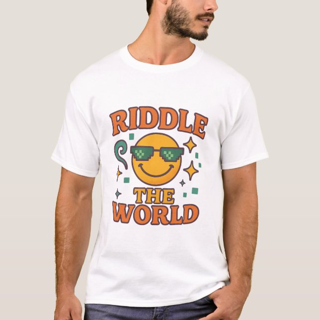 "Riddle the World" Cool Retro Smiley Graphic T-Shirt (Front)
