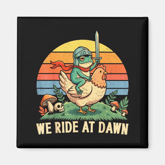 Ride at Dawn Funny Frog Riding Chicken Western Magnet (Front)