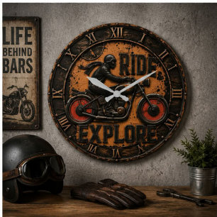 Ride & Explore Motorcycle Vintage Adventure Biker Large Clock