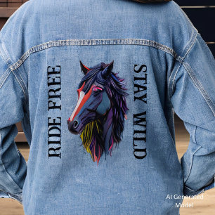 Ride Free Stay Wild Colourful Horse Head Denim Jacket