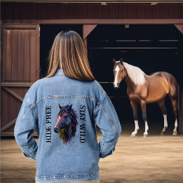 Ride Free Stay Wild Colourful Horse Head Denim Jacket