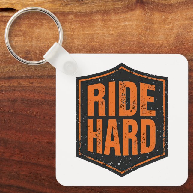 "Ride Hard" Rustic Biker Emblem Key Ring (Front)