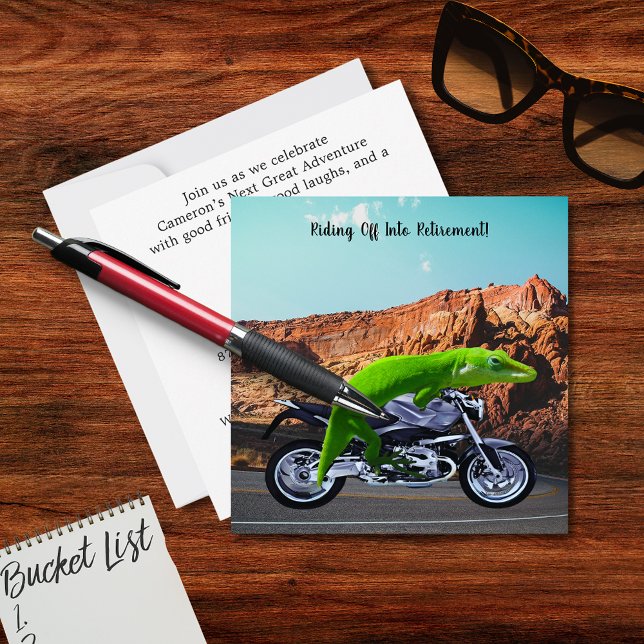 Ride into Retirement Gecko Motorcycle Party Invite (Ride into Retirement Gecko Motorcycle Party Invitation)