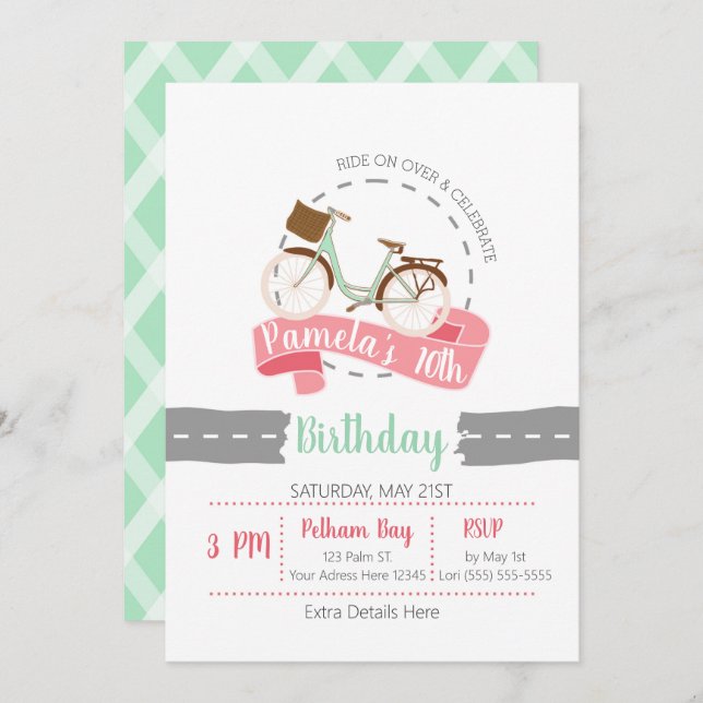Ride On Over Bicycle Birthday Invitation | Mint (Front/Back)
