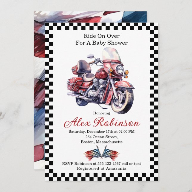 Ride on Over Motorcycle Baby Shower Invitation (Front/Back)