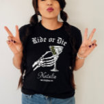 Ride Or Die Til Death Do We Party Bachelorette T-Shirt<br><div class="desc">Get ready to party with a touch of gothic flair with our Personalised "Ride Or Die" Shirt, designed for a "Til Death Do We Party" bachelorette celebration. This shirt is the perfect choice for a gothic wedding bachelorette party, featuring a bold skeleton bride graphic and the playful "til death do...</div>