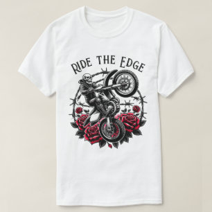 Ride The Edge" Motocross Skull & Roses Graphic  T-Shirt