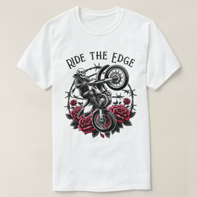 Ride The Edge" Motocross Skull & Roses Graphic  T-Shirt (Design Front)