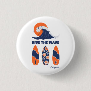 Ride the Wave Surfboards Bold Retro Surf Art 3 Cm Round Badge