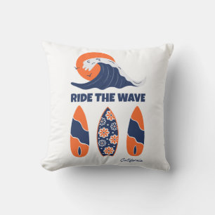 Ride the Wave Surfboards Bold Retro Surf Art Cushion