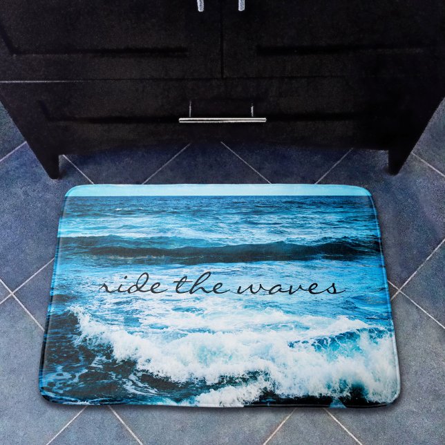 Ride the Waves Quote Hawaii Blue Ocean Photo Bath Mat (Creator Uploaded)